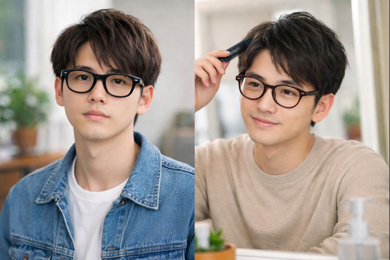 レンズなし伊達メガネが違和感で浮いて見える印象のイメージと眉と髪を整えてレンズなし伊達メガネが自然に見えるイメージ