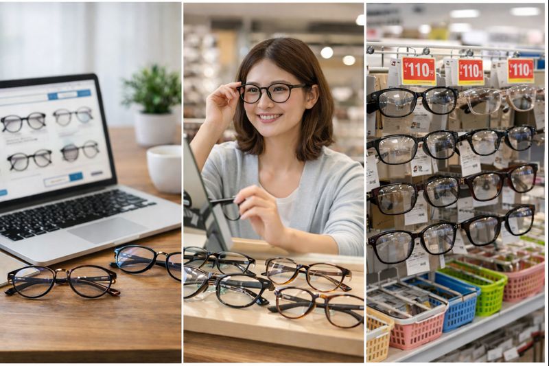 通販・実店舗・100均の伊達メガネを比較して選び方を整理しているイメージ
