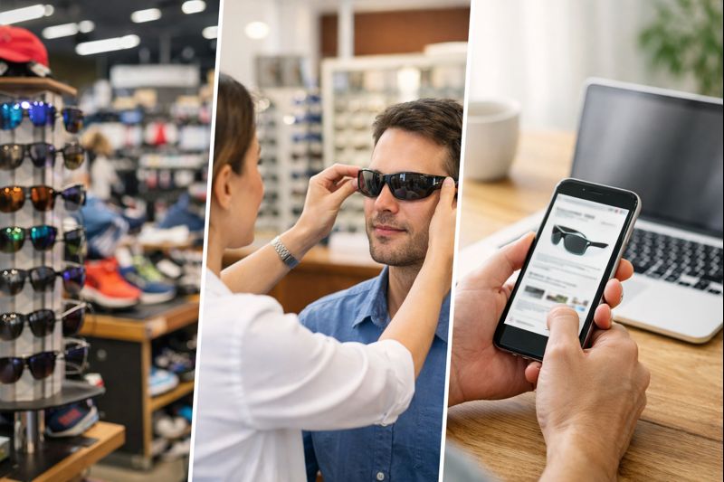 スポーツ店と眼鏡店と通販でランニング用サングラスの購入先を比較するイメージ