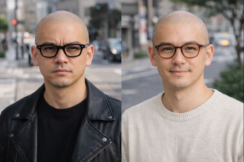 坊主とメガネでいかつく見える原因（輪郭・目元・服装など）を整理したイメージ