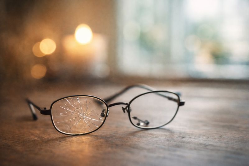 木のテーブルの上に置かれた、左レンズがひび割れた眼鏡（背景に柔らかな光）