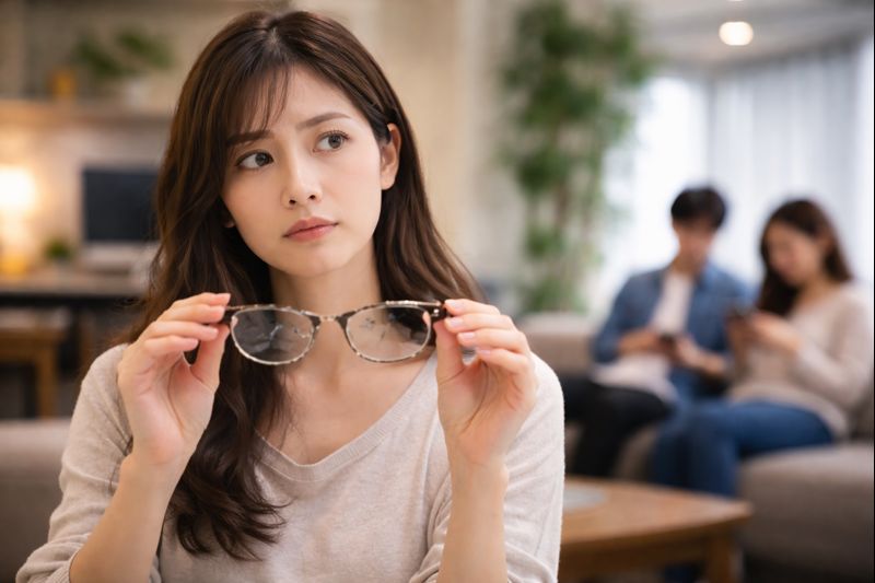 室内で割れた眼鏡を手に取り、心配そうに見つめる女性の表情