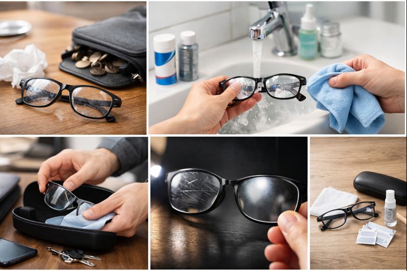 眼鏡が傷だらけになる主な原因をまとめたイメージ（乾拭き・伏せ置き・収納など）