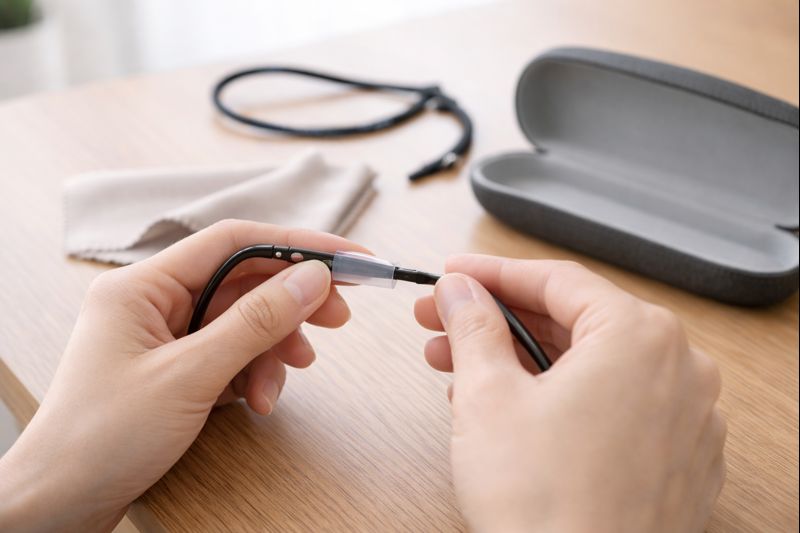 自分でできる応急対策グッズ（テンプルカバーやストラップ）を装着する手元