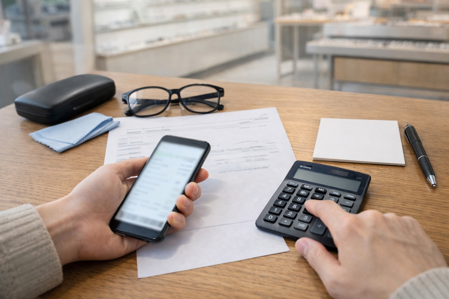 メガネフレーム持ち込みで最安ルートを判断するために条件を整理している日本人の手元