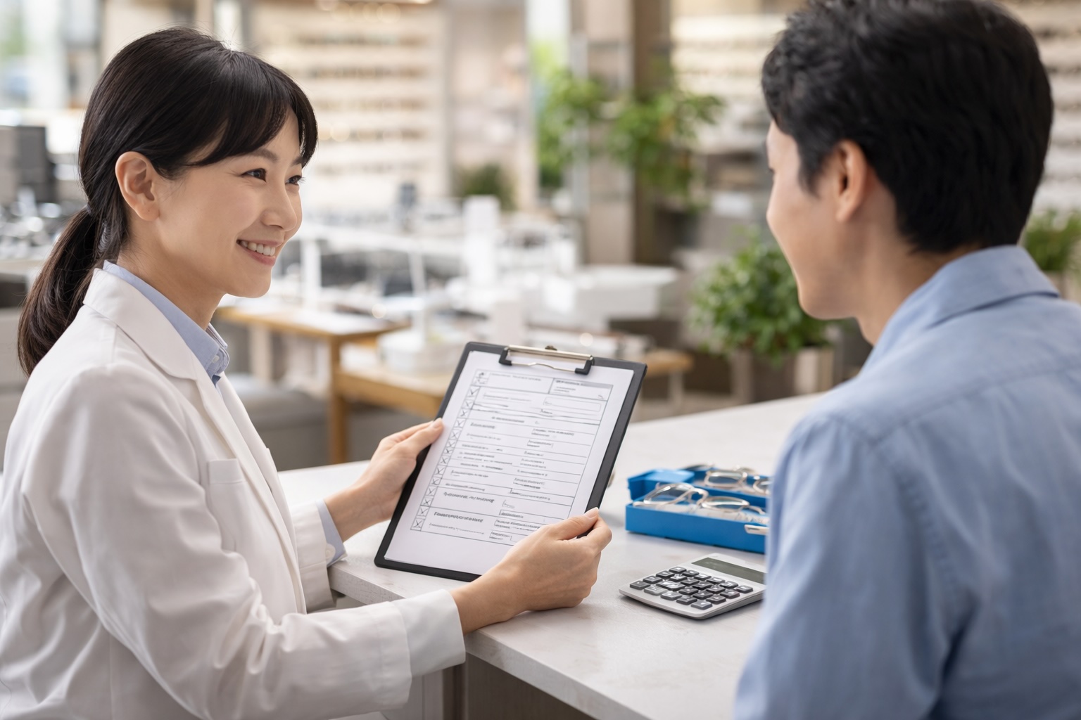 メガネスーパーの店内で料金体系の全体像見積もり確認中