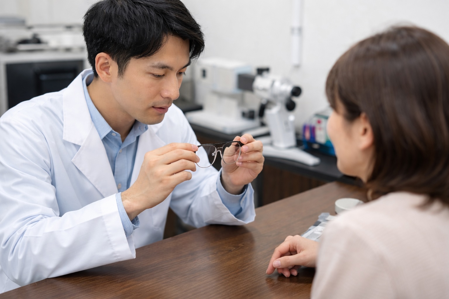 店舗で店員がフレーム点検・相談、メガネレンズ交換の持ち込み相談をする店員と来店客