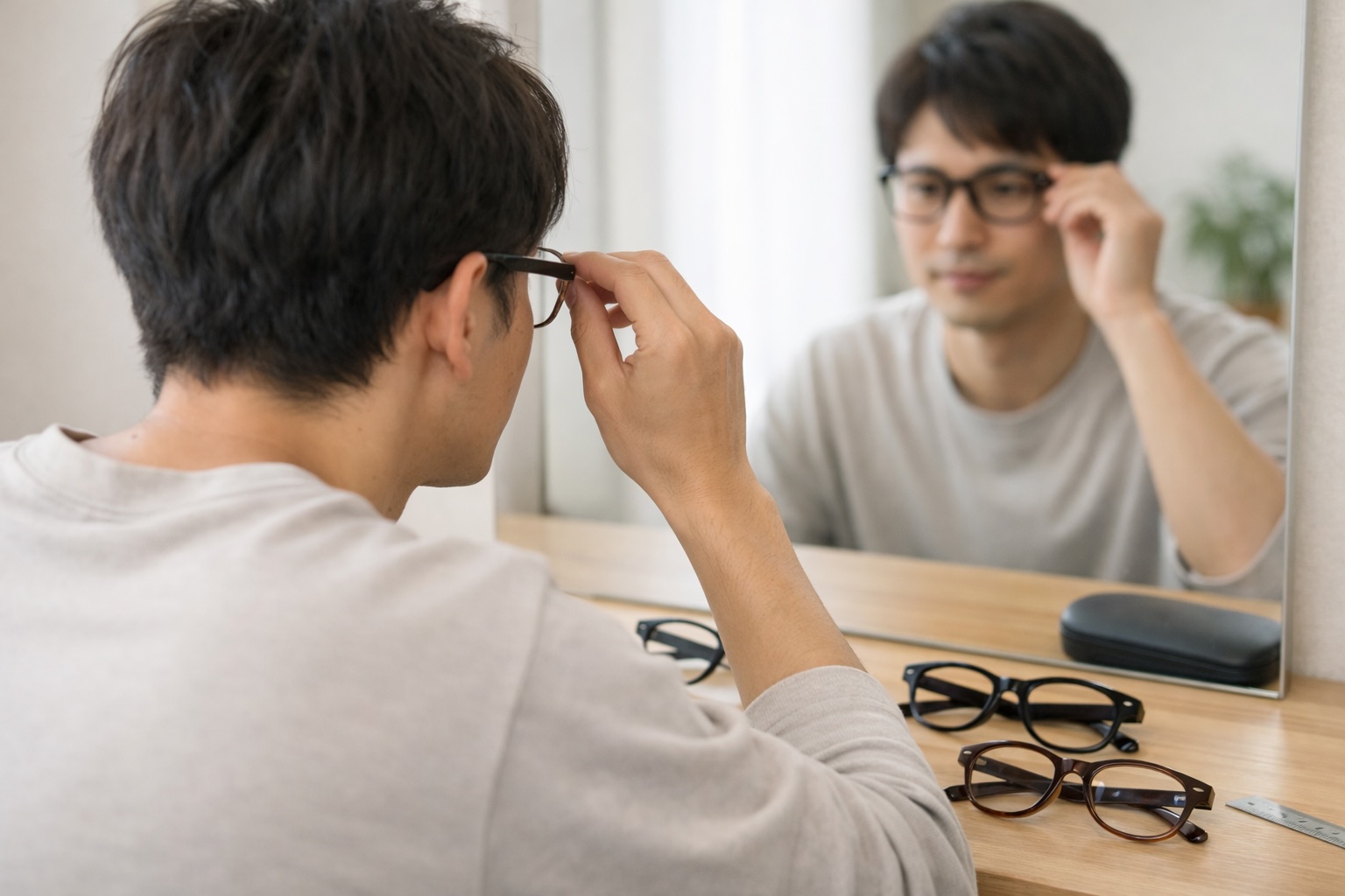 顔型に合うサーモントを鏡の前で試着して印象を確認する日本人の様子