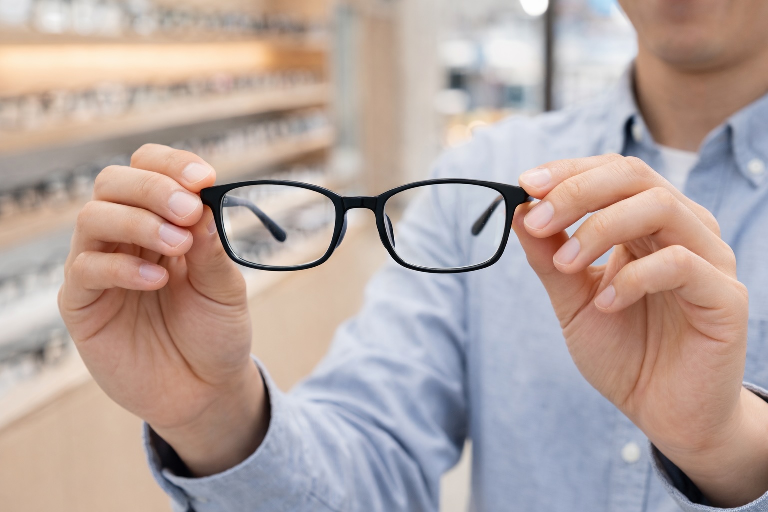 zoff店内でエアフレーム風の眼鏡を持つ客