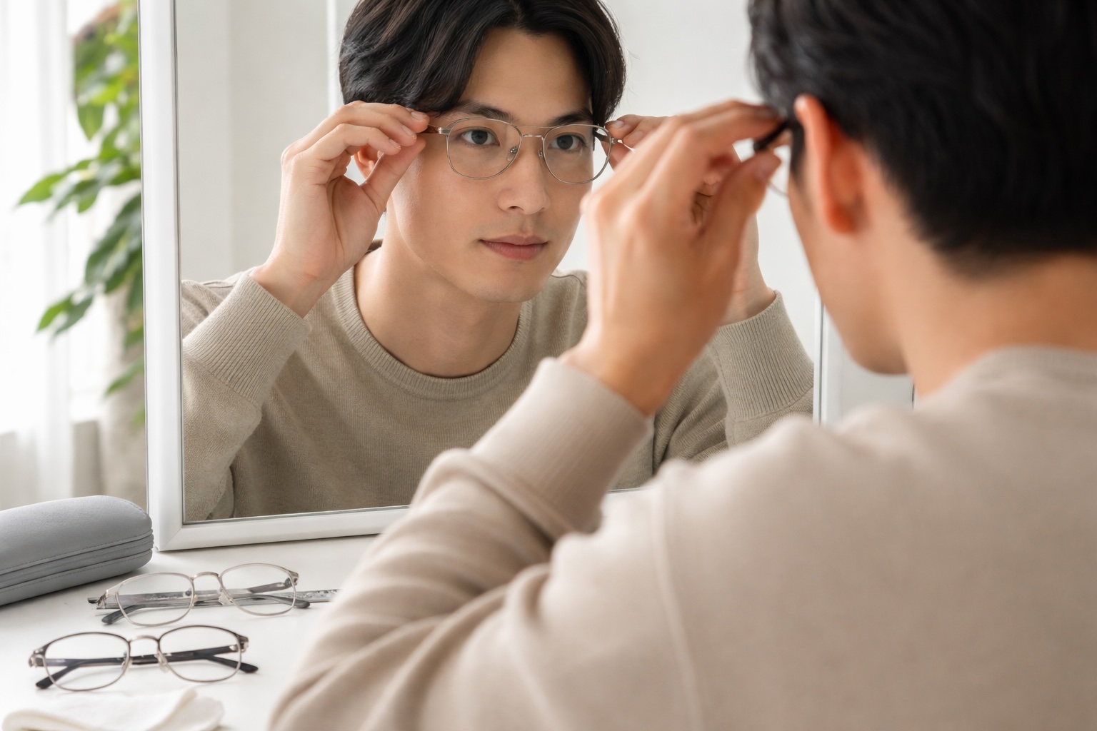 顔型に合うツーブリッジを鏡の前で試着して印象を確認する日本人の様子