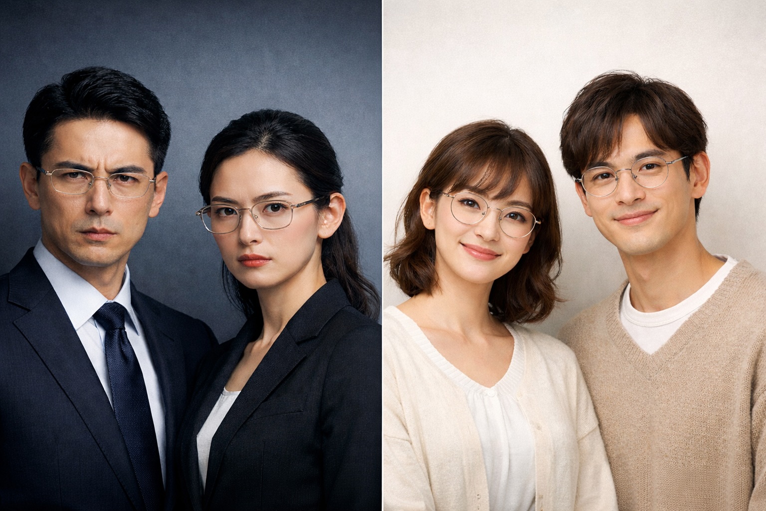 銀縁メガネの男女が並び、左はクールで硬い印象、右は柔らかい印象。