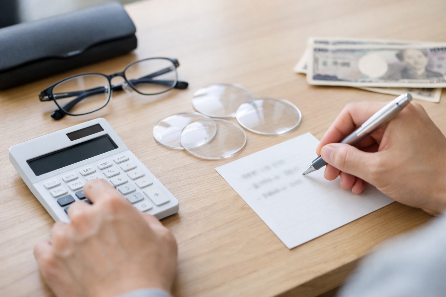 レンズ代と加工費と持ち込み手数料を電卓とメモで総額比較している日本人の手元