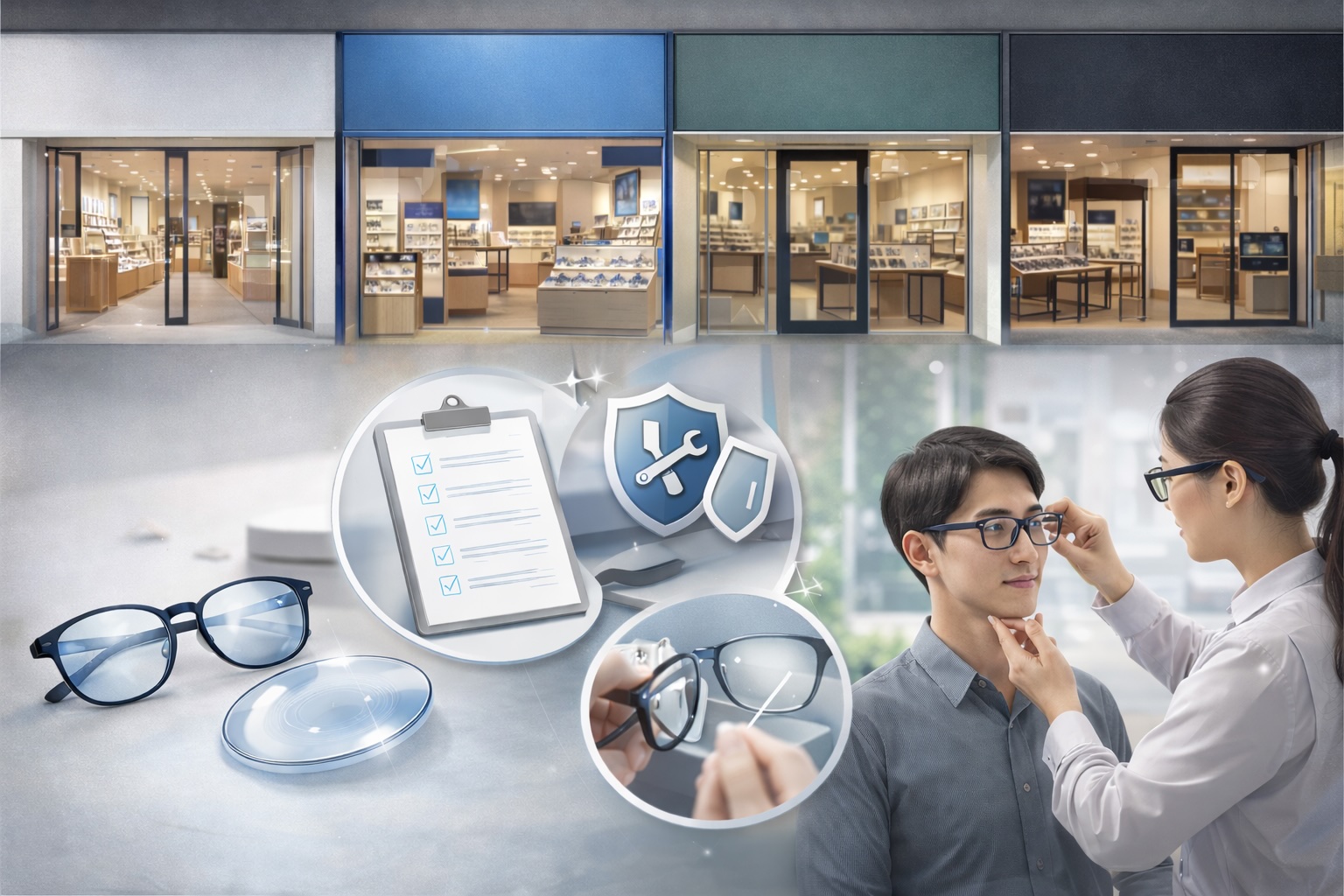 メガネを買うならどこ（主要チェーンブランド）がいいかを品質基準で判断するポイントをイメージ