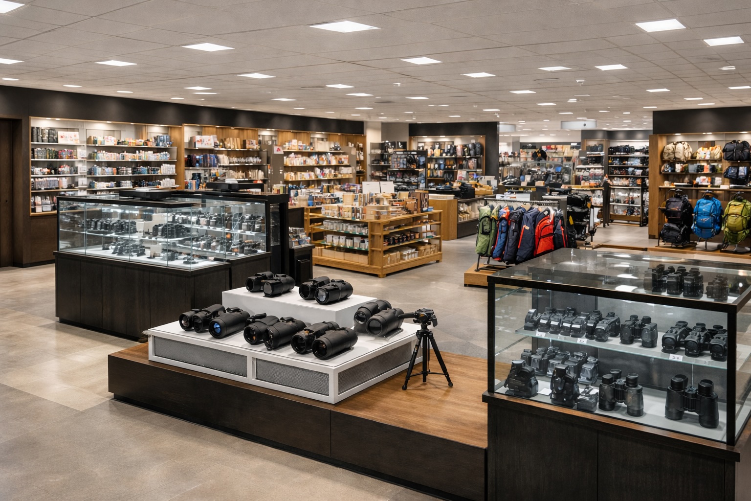 家電量販店のカメラ売場、雑貨コーナー、アウトドア用品棚、スポーツ用品棚、カメラ専門店風の展示ケースに双眼鏡が配置されている