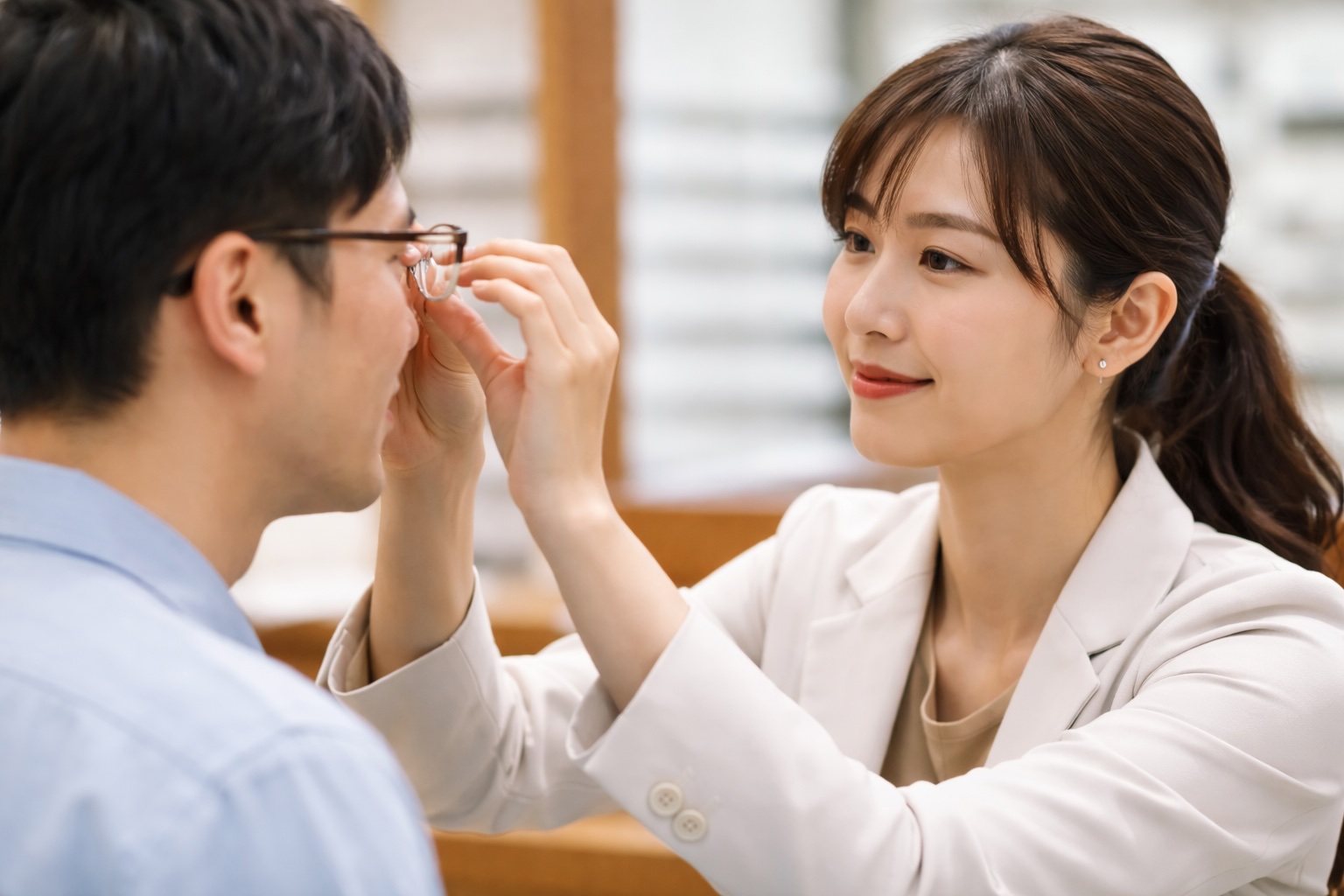 評判の良い眼鏡店でスタッフが客のメガネをフィッティング調整している