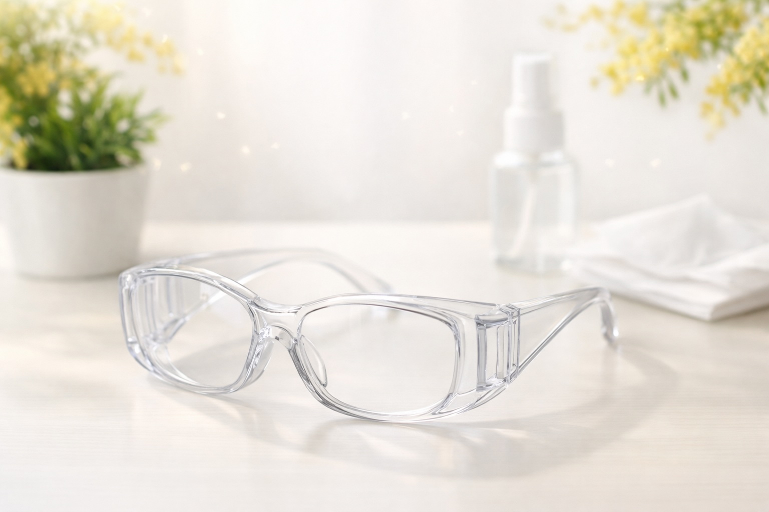 100均のセリアの花粉症対策メガネが机の上に置かれたイメージ