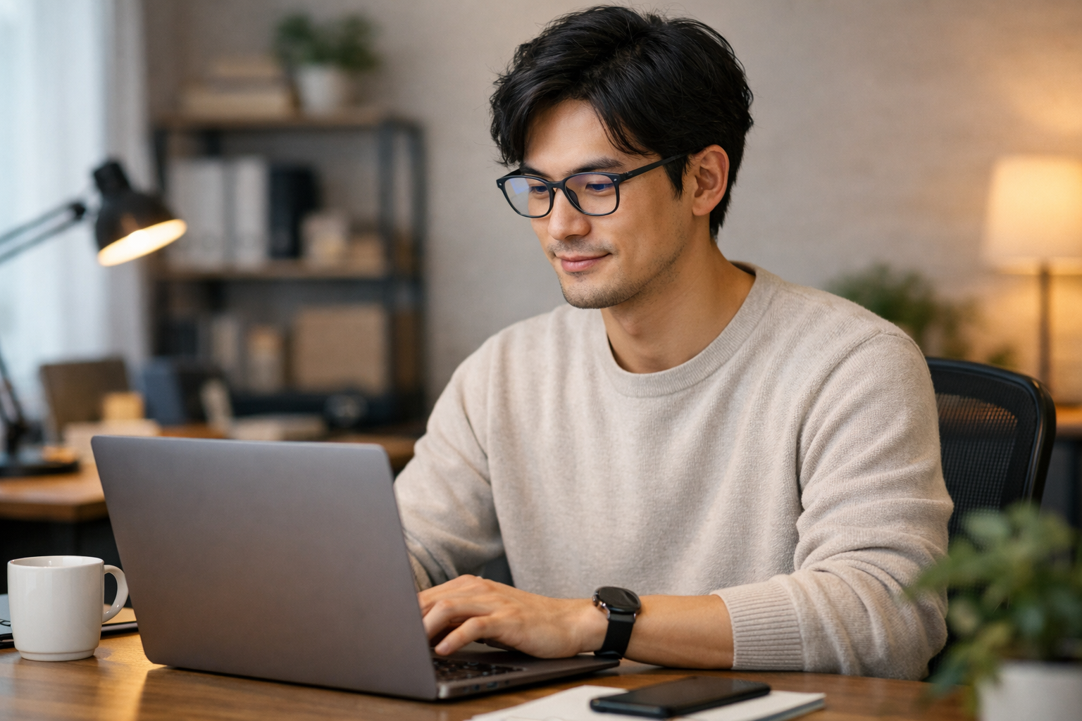 jinsびブルーライトカット40%のメガネをかけてオフィスのデスクでPC作業をする人