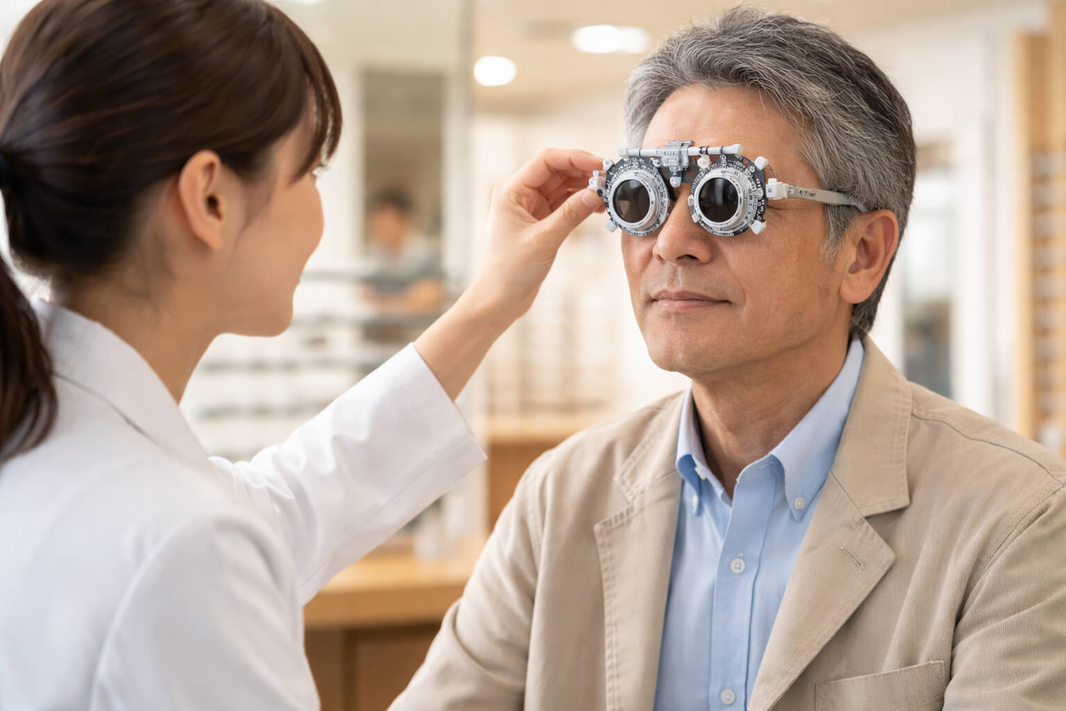 メガネ店で遠近両用眼鏡を買うために視力測定を受けているシーン