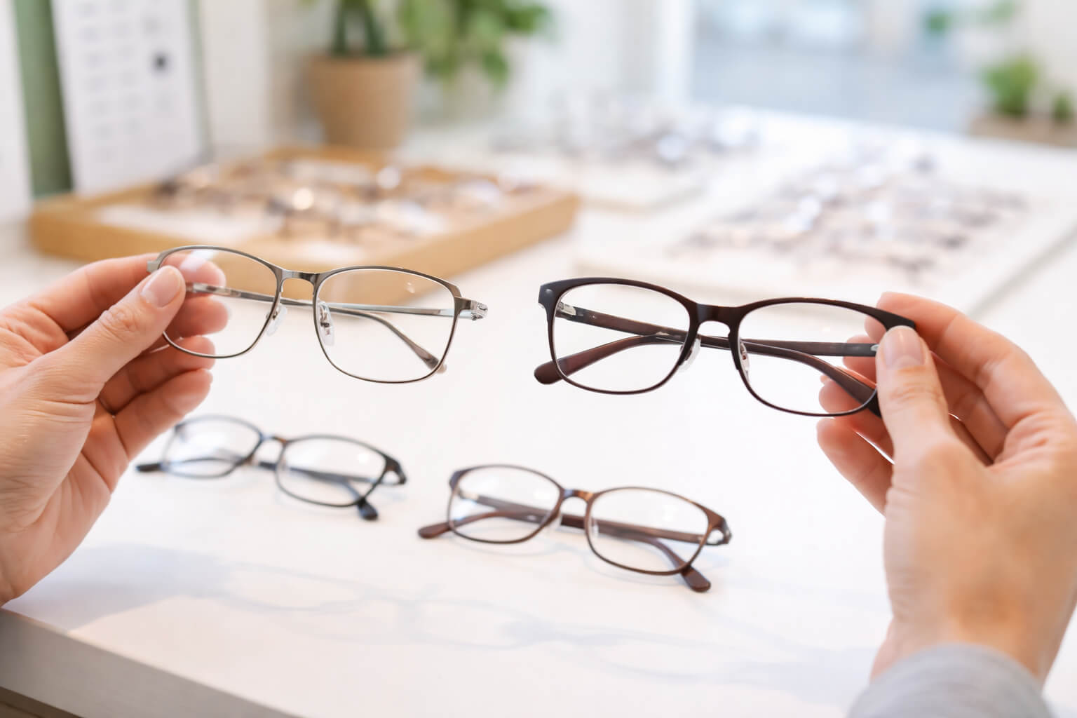 眼鏡店のカウンターで、遠近両用メガネを手に取って比較している