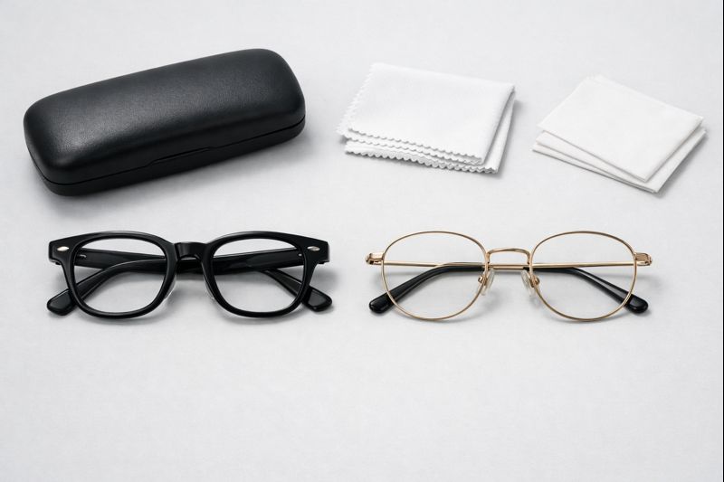 白山眼鏡の価格帯はどれくらい？フレームの相場をざっくり把握: 白山眼鏡のセルとメタルのフレームを並べて価格帯の相場感が伝わる机上写真