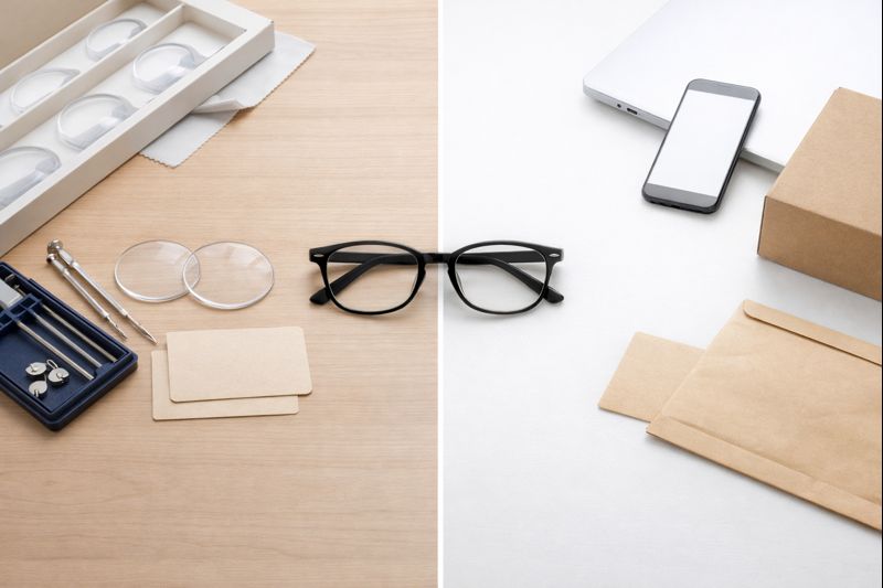 5000円で買えるメガネの買い方 店舗チェーンとネットの選び分け: 店舗カウンターとスマホ注文を連想するアイテムを並べた比較写真