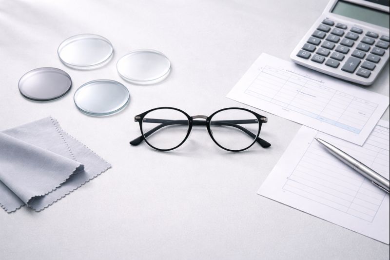 眼鏡 コスパを重視する人が知りたい結論（安さより総額と満足度）: 眼鏡の総額と満足度をイメージできるフレームとレンズサンプルと見積もりの机上写真