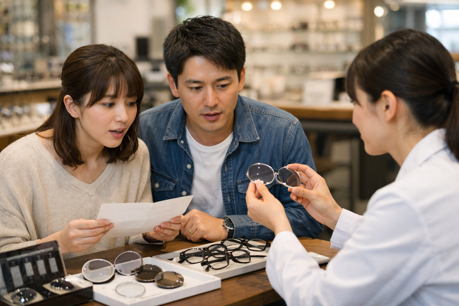 日本人の夫婦がメガネ店のカウンターで見積書を見ながら、店員からフレームとレンズサンプルの説明を受けている様子