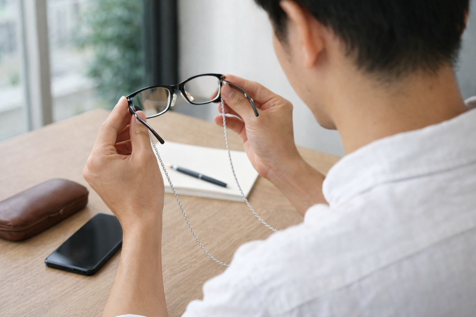 男のメガネチェーンがダサいと言われる理由を整理する日本人男性の手元