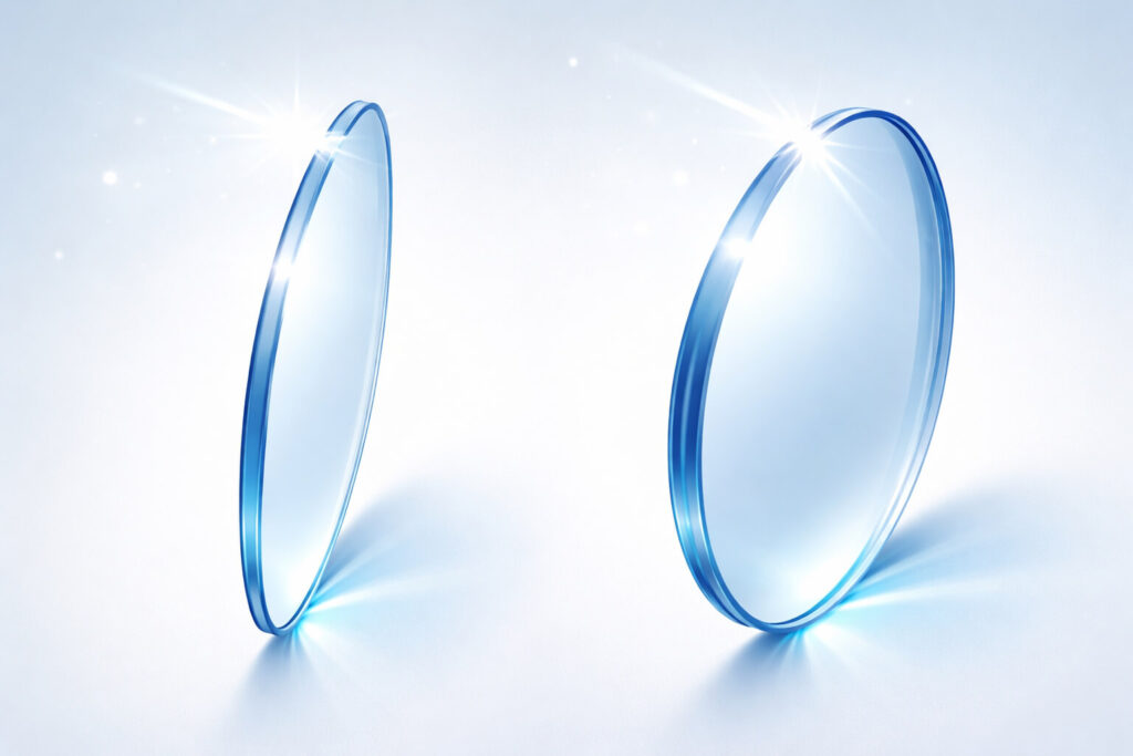 薄型レンズと標準レンズの厚み・反射イメージ（断面比較）