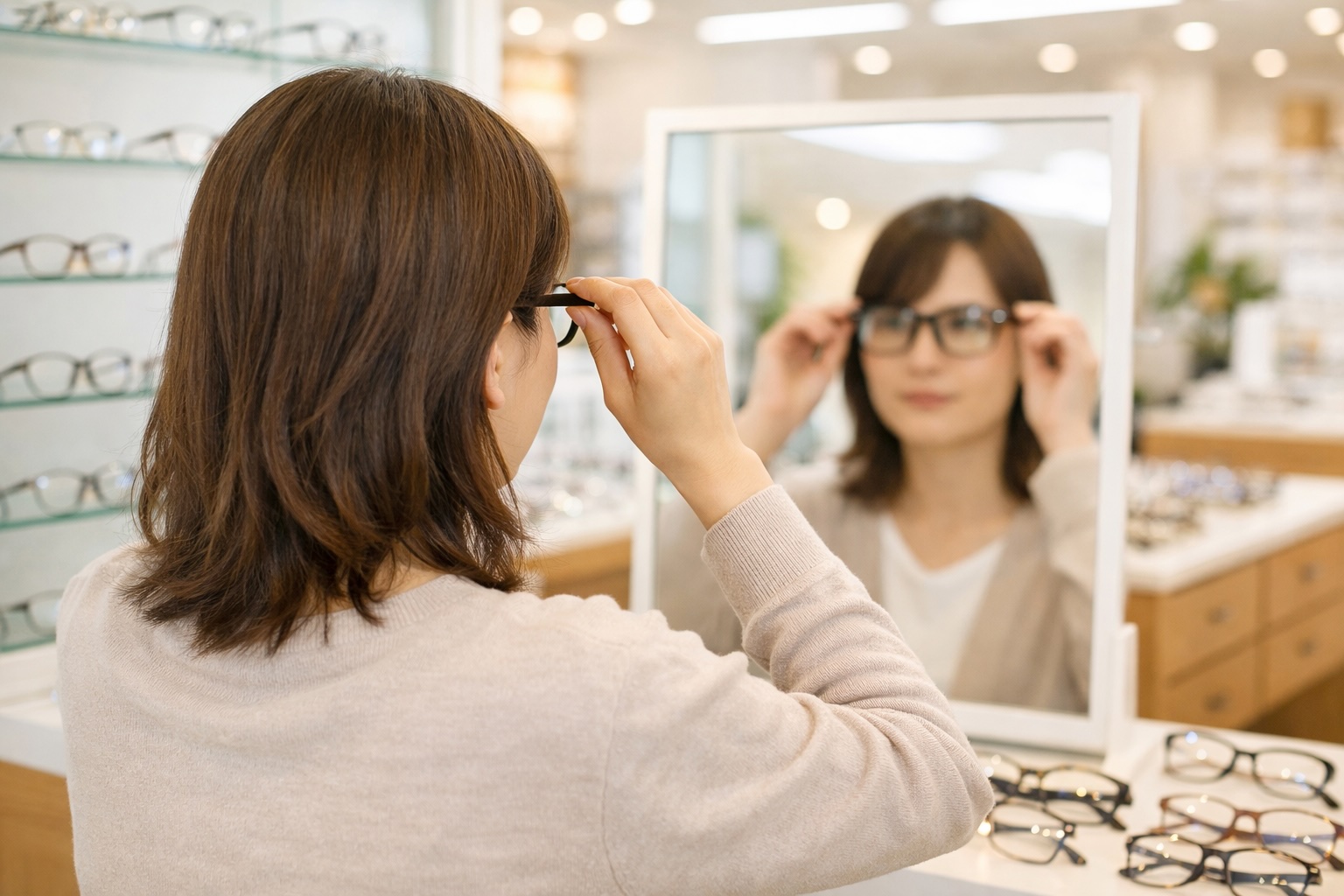 ドクターアイズのメガネ店でフレームを試着し、鏡で確認し