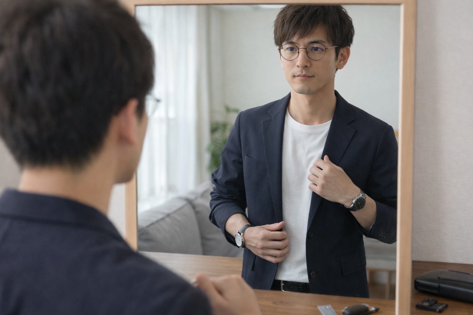 丸メガネが浮かないコーデをベーシックカラーと小物合わせで整える日本人の外出前の様子