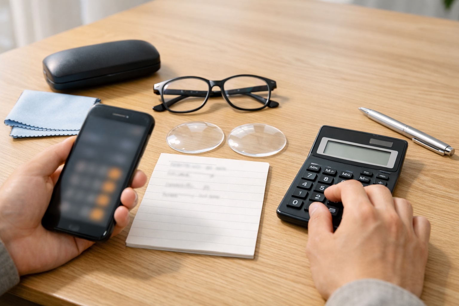 メガネのレンズ交換先を目的別に選ぶために総額を比較している日本人の手元