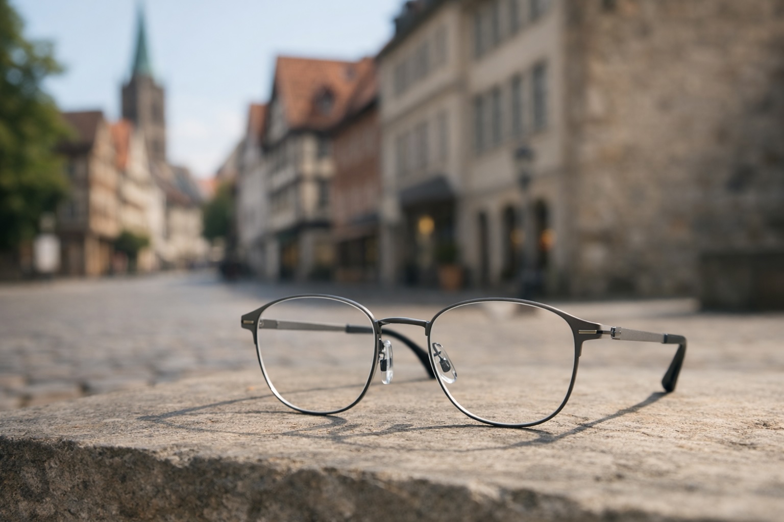 ドイツの石畳の街並みを背景にミニマルなメタルフレームのドイツメーカーの眼鏡のイメージ
