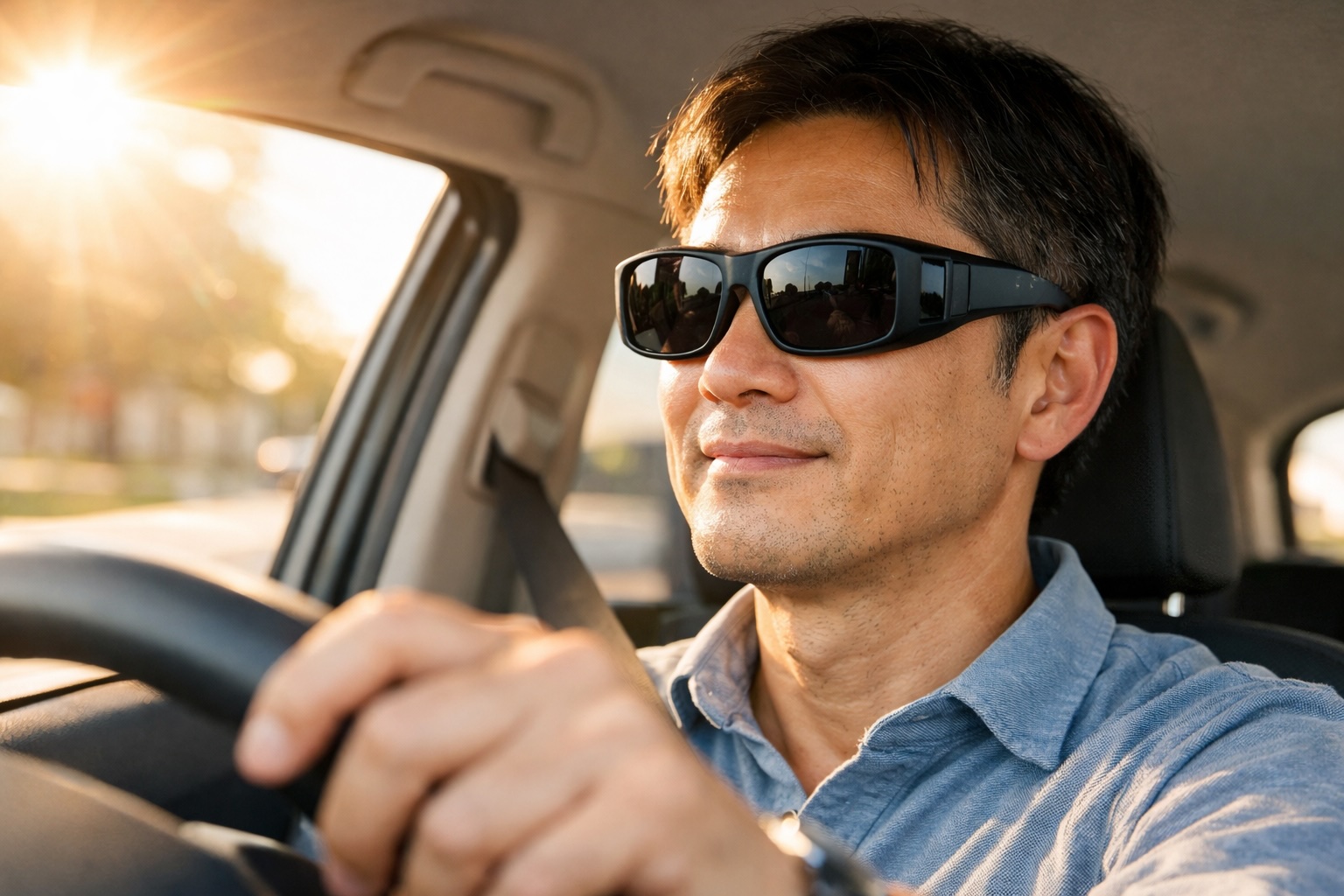 車内でオーバーグラスを装着しているイメージ