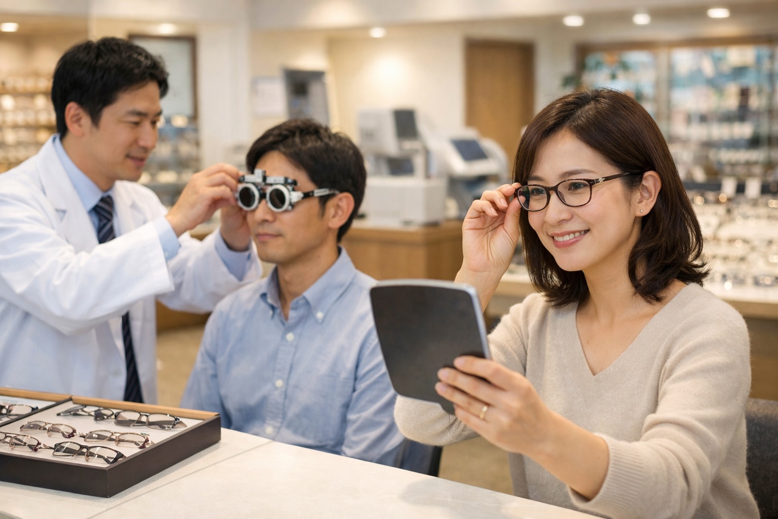 パリミキのメガネ店で試着と測定をしているイメージ