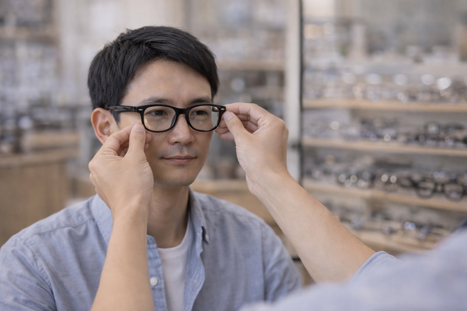 眼鏡店でスタッフがウェイファーラー風メガネのフィッティング調整を行う様子