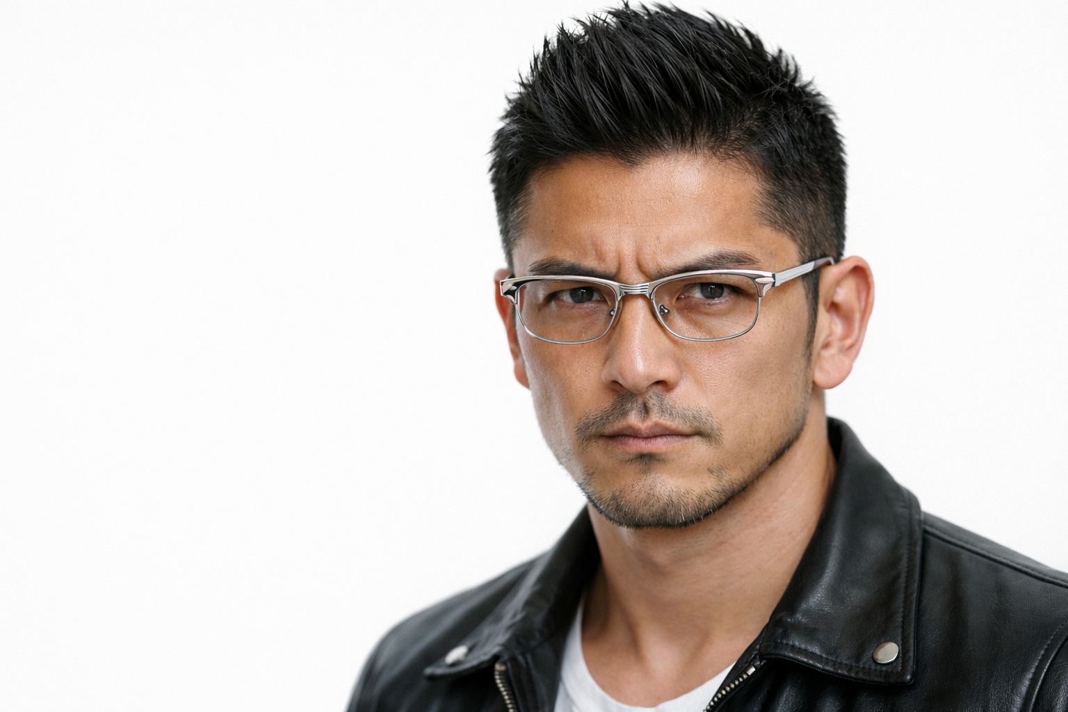 艶のあるシルバーのブロー型でいかつい印象の眼鏡をかけた男性