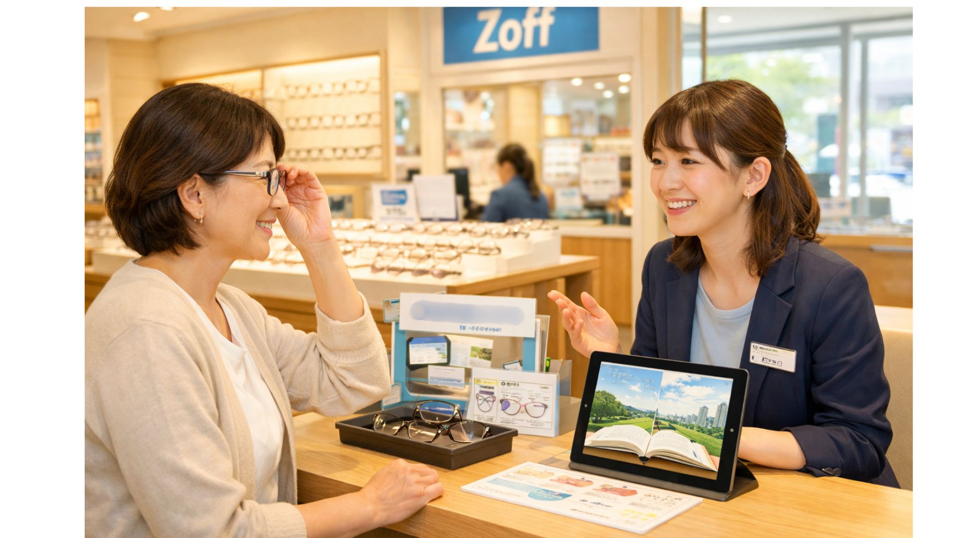 明るいzoff風メガネ店のカウンターで、遠近両用メガネを試着しながら店員と相談している様子。