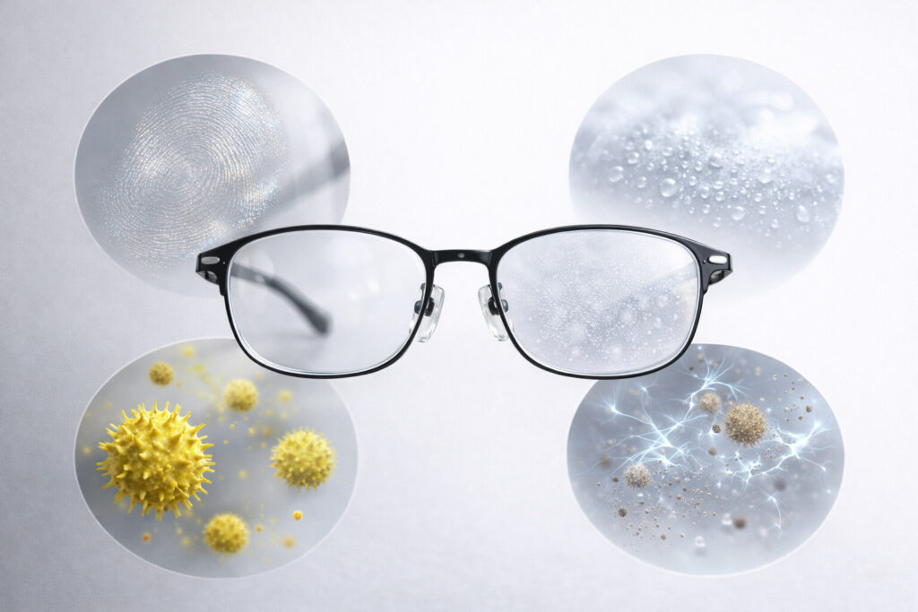 眼鏡が汚れる主な原因(皮脂・花粉・曇り)を示すイメージ