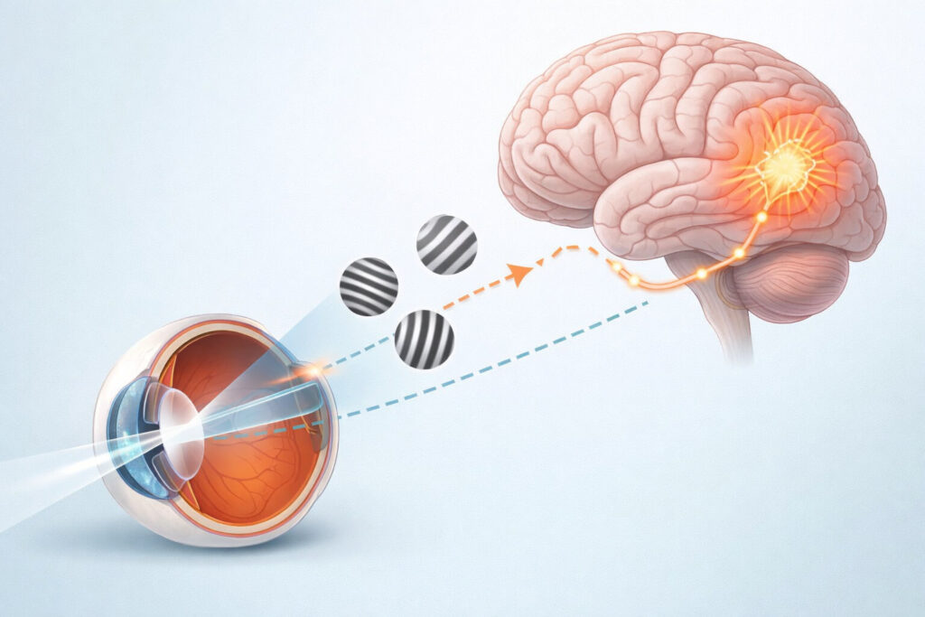 ガボールアイにおける目と脳の視覚処理の関係を示すイメージ