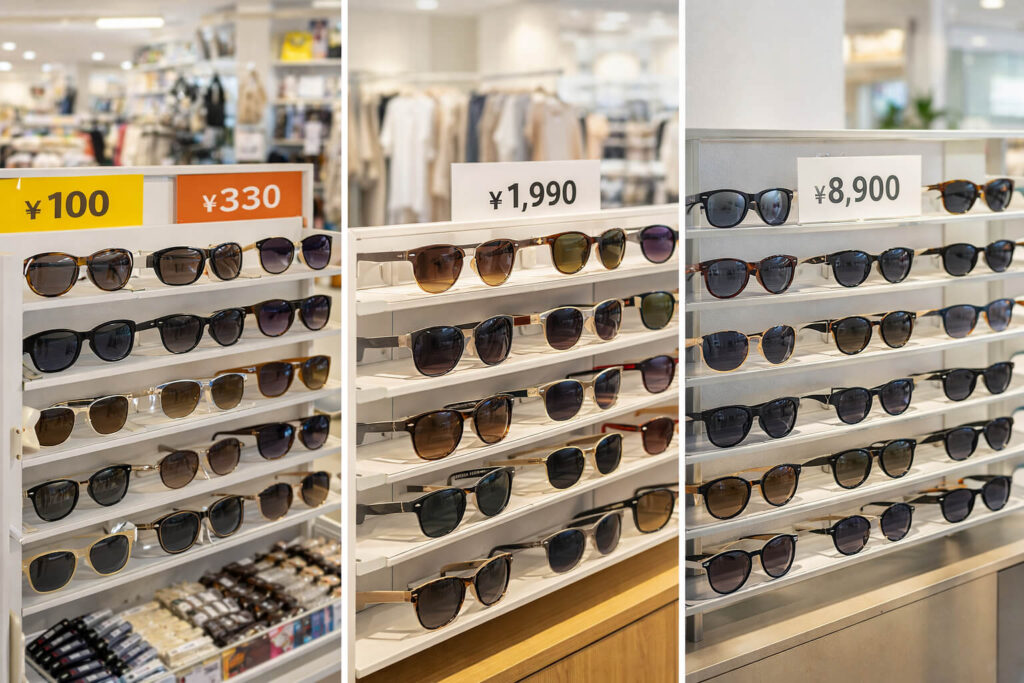 100均と衣料店とディスカウント店のサングラスを比較するイメージ