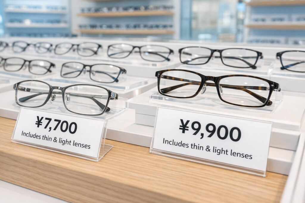 オンデーズの価格の分かりやすさを表すメガネ売り場のイメージ