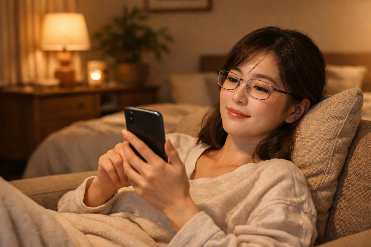 口コミ全体の結論は「家用として高評価、合う人はかなり快適」：JINSの家用メガネを装着してくつろぐ人物