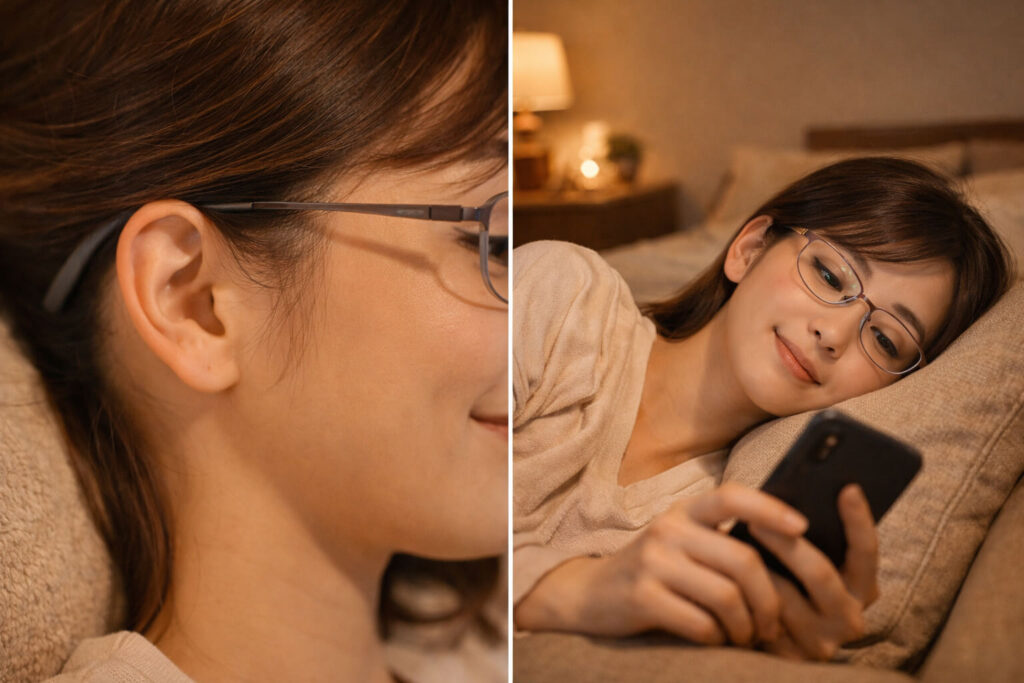 JINSのかけたまま寝転びやすいメガネが選ばれる理由：横になりやすい家用メガネの特徴イメージ