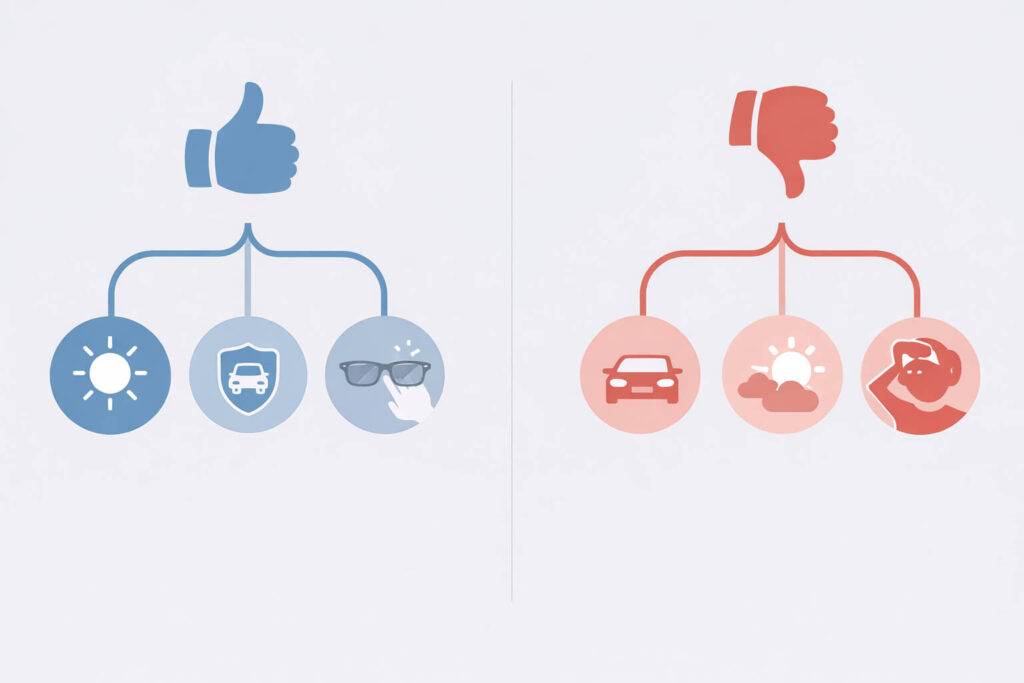 眼鏡市場の調光レンズの良い評判／悪い評判の要点をまとめたシンプル図