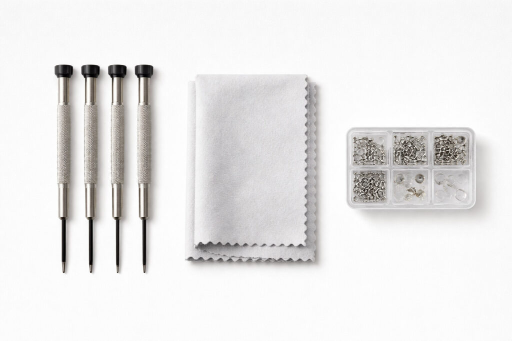 精密ドライバー、眼鏡用クロス、小さなネジケースの道具セットを上から見た構図