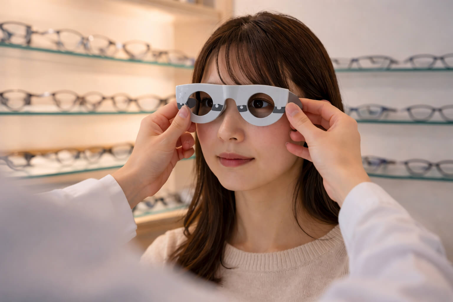 眼鏡店で機器を使い瞳孔間距離を測定している日本人女性