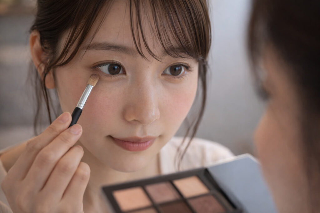 日本人女性が目頭側にアイシャドウを入れて目元の重心を調整している