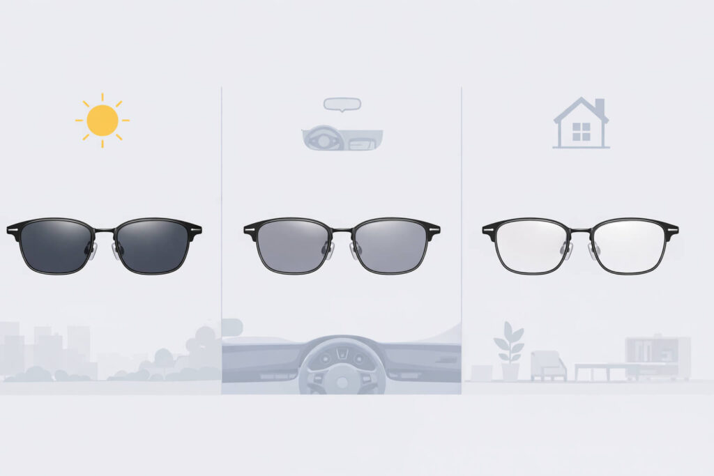 屋外・車内・屋内の3シーンで調光レンズの色の濃さの違いを比較したインフォグラフィック