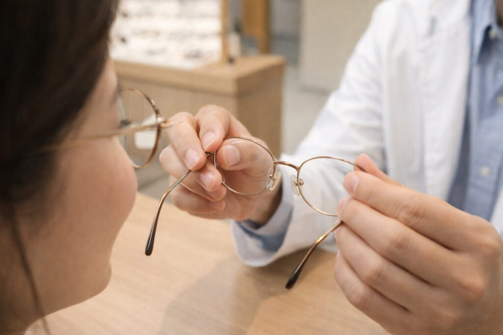 眼鏡の試着とフィッティング、保証確認のポイントをまとめた画像